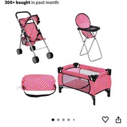 Baby Doll Crib, Stroller, High Chair, Blanket And Bag! 