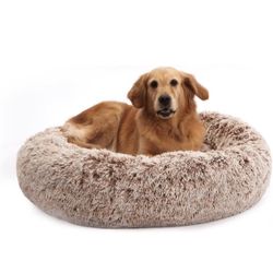 Calming Donut Dog Bed, 21 Inches Round Fluffy Dog Beds for Large Dogs, Anti-Anxiety Plush Dog Bed, Machine Washable Pet Bed Brown