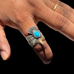 Adjustable 925 Sterling Silver Eagle Ring with Turquoise – 15.3g 