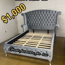 Queen Size Bed Frame Grey Velvet Brand New
