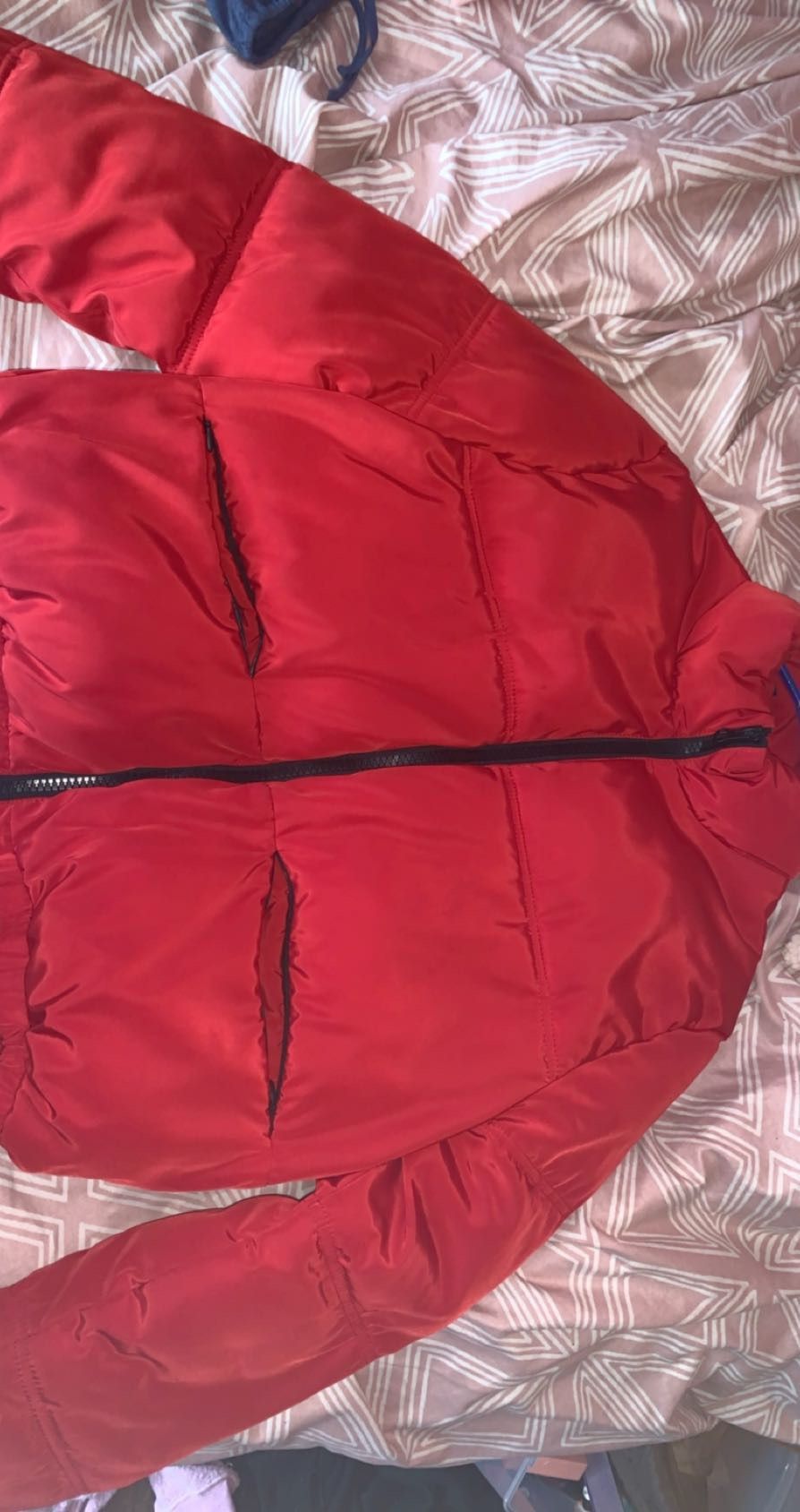 Red puffer jacket