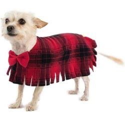 Pooch-O Fleece Red Plaid with Bow Dog Poncho, X-Small

