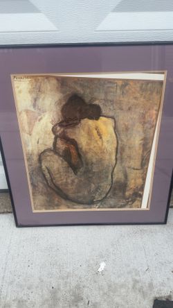 This is a framed color lithograph reproduction of Pablo Picasso’s "Nu de Dos" (also known as "Blue Nude"), originally painted in 1902.
