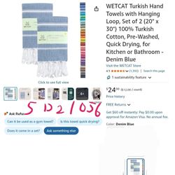 WETCAT Turkish Hand Towels with Hanging Loop, Set of 2 (20" x 30") 100% Turkish Cotton, Pre-Washed, Quick Drying, for Kitchen or Bathroom - Denim Blue