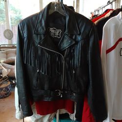 Pre-owned Women's Black Leather Fringed Jacket 