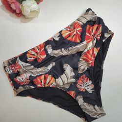Tropical Floral Bikini Bottom. Women's Flowered Black Bathing Suit Bikini.