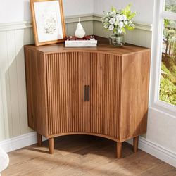Fluted Corner Cabinet, Small Corner Floor Cabinet with Sliding Doors and Adjustable Shelves