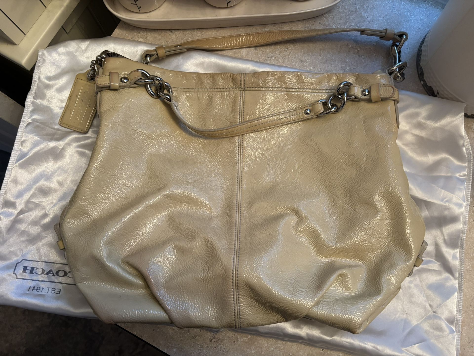 Vintage Cream Patented Leather Coach Tote