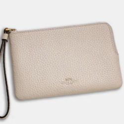 Coach Pebble Leather Complimentary L Zip Pouch Wristlet Cream