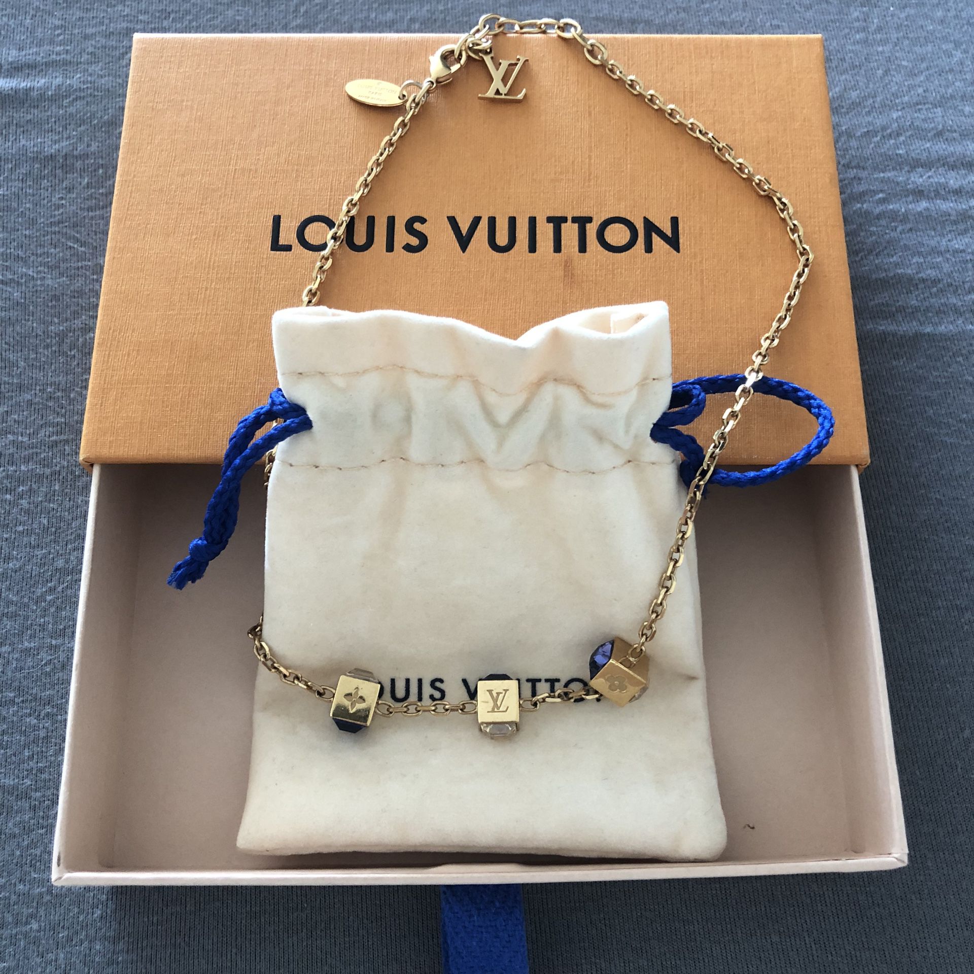 Authentic Louis Vuitton Necklace Collier Gambling Gold Purple Yellow Swarovski Dice Metal