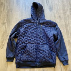 quilted insulated zip up navy blue hooded sweatshirt.