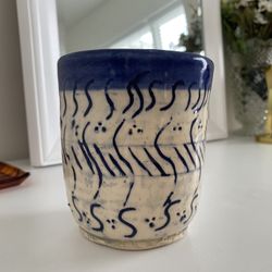 Art Pottery Cup Drip Blue Glaze PMC Art Signed Clay Made