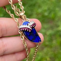 Solid 14k Gold customer made lapis, diamond and ruby pendant ! Designer piece