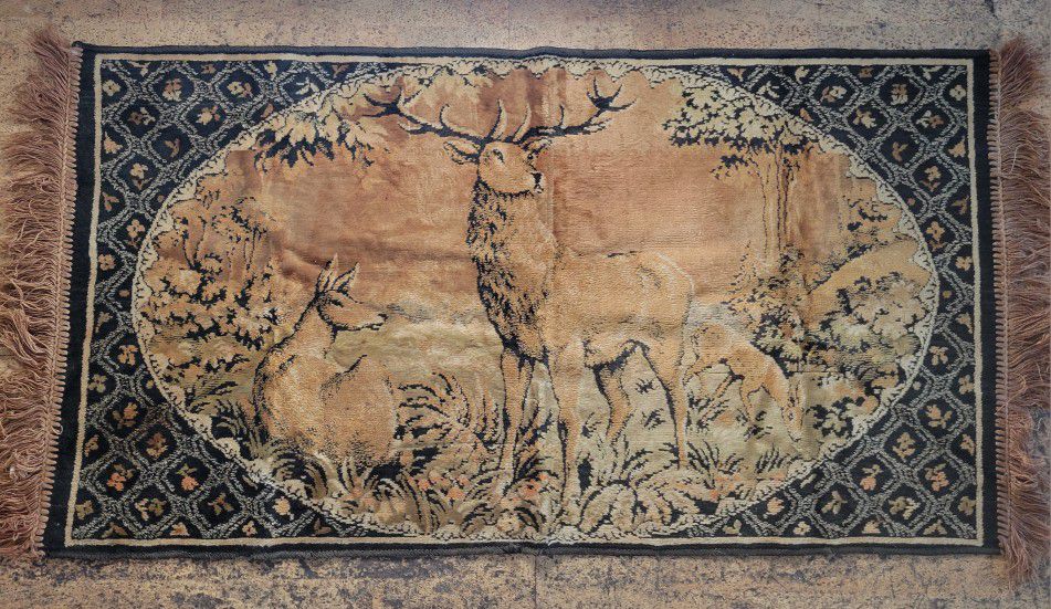 Vintage Hand Woven Rug Deer In The Woods Tassels Tapestry 40"x21"