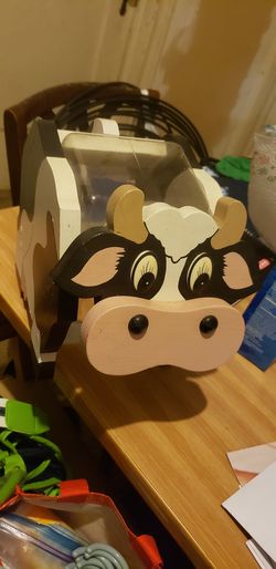 Wood and plastic Cow storage container / cows cookie jar arts crafts collector