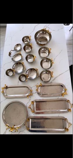 Hammered Steel Bowls and Trays Set with Gold Handles