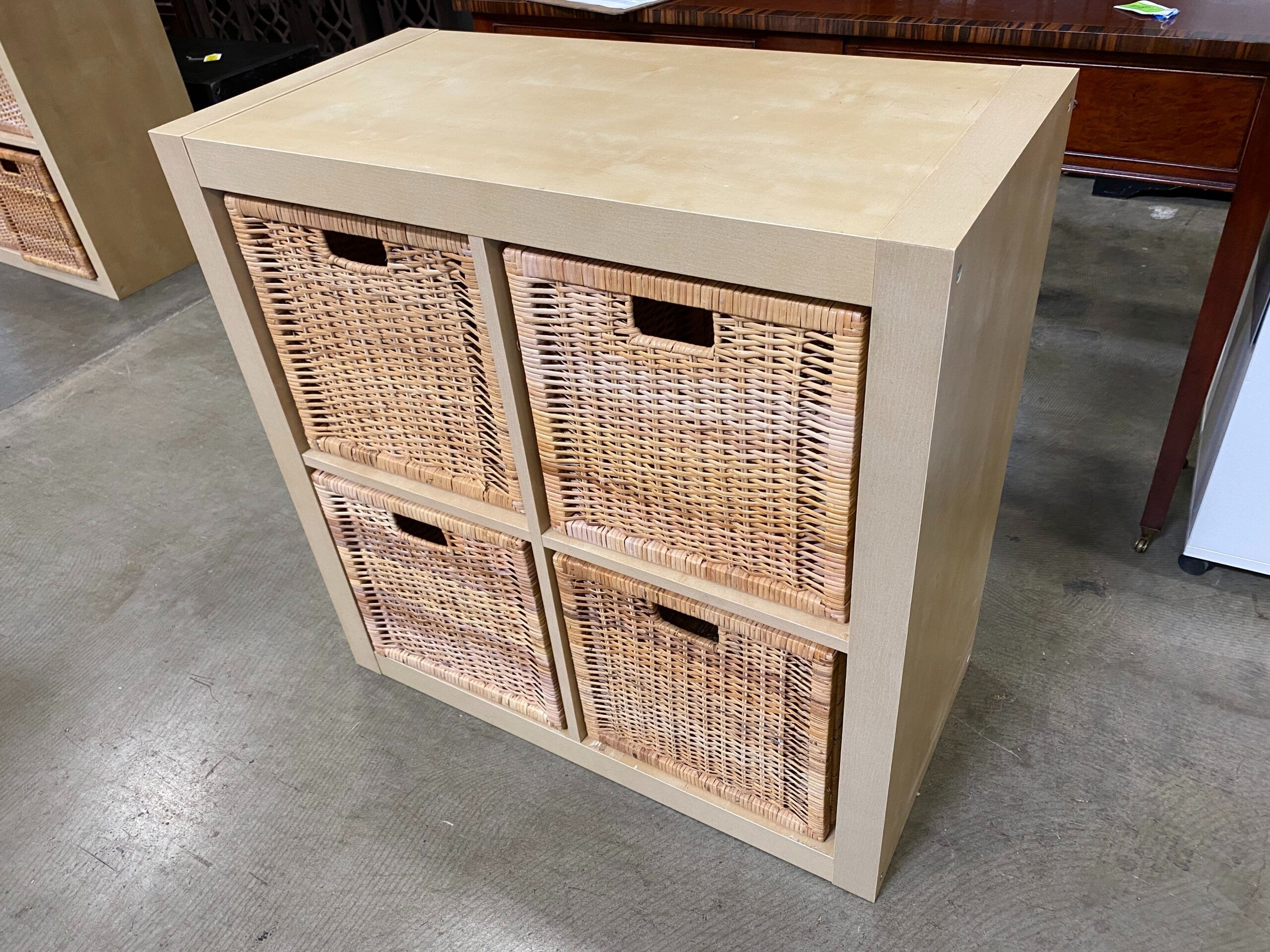 Light Wood 4 Shelf Cube Organizer with 4 Rattan Storage Baskets