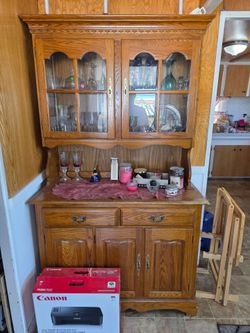 Oak Wood China Hutch Cabinet