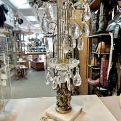 Vintage Hollywood  Regency Cherub Waterfall Crystal Bowl Prisms Table Lamp