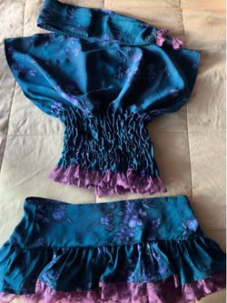 Teal Purple Floral 2 Piece Outfit Smocked Top Ruffled Skirt With Neck Scarf