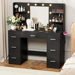 Vanity Desk with LED Lighted Mirror&Power Outlet 3 Model Lights Makeup Vanity Table with 7 Drawers and 6 Storage Shelves