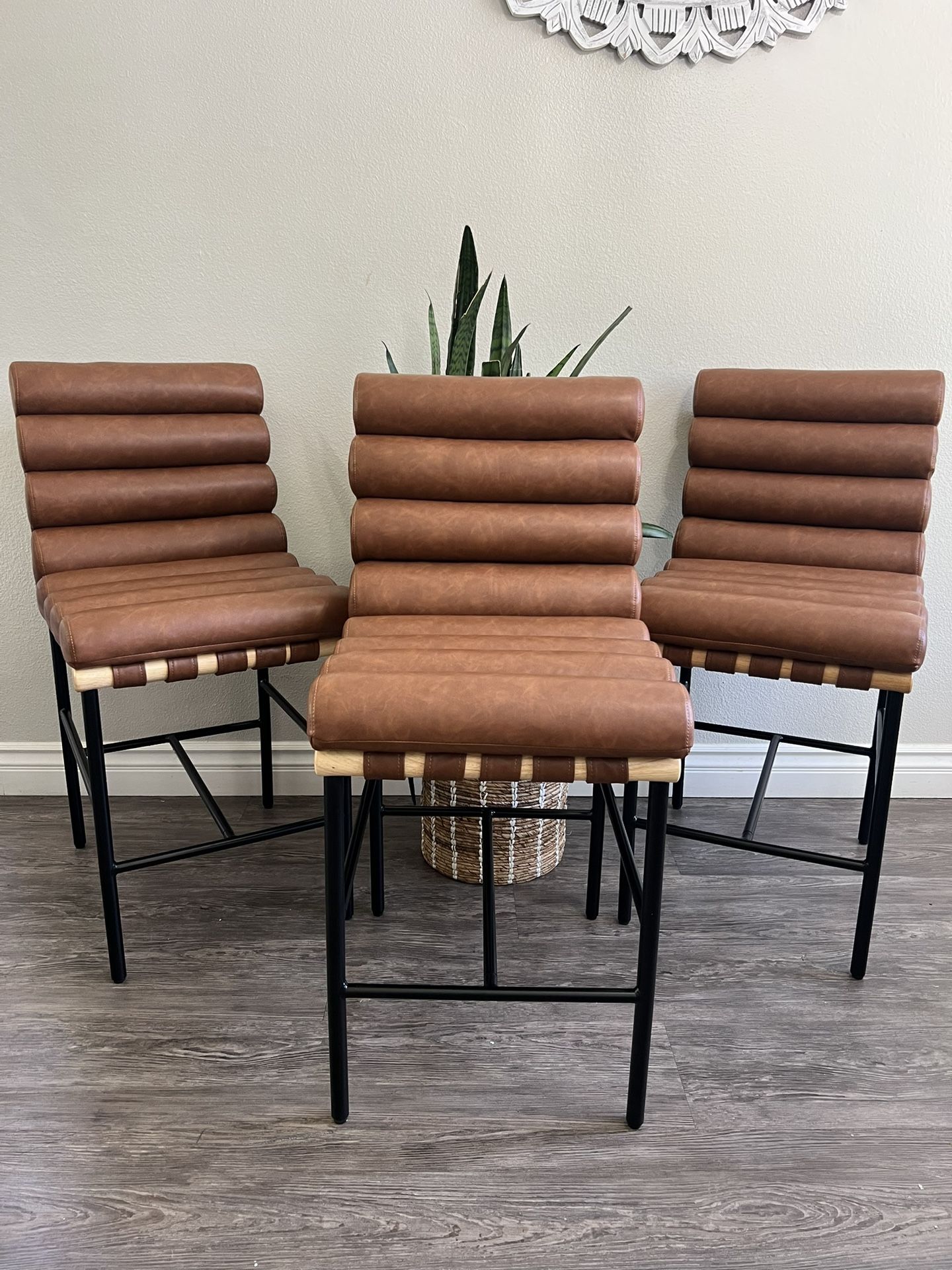 26 in. Brown Faux Leather Upholstered Counter Height Bar Stool Metal Legs Counter Stools w/ Wave Back & Cushion Set of 3