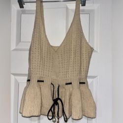 Beige Knit Peplum Tank Top w Pearl Detail – Size Small