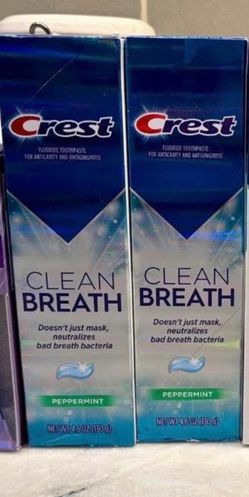 Crest toothpaste - New Crest Clean Breath Peppermint Fluoride Toothpaste, 4.6 oz. Has anticavity and antigingivitis properties.