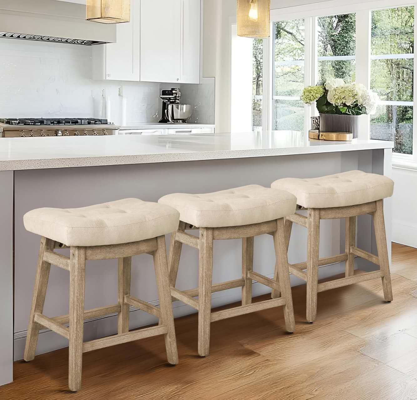 Counter Height Bar Stools Set of 3 for Kitchen Counter Farmhouse Modern Barstools with Upholstered