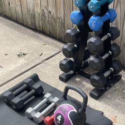 Weighs And Stand 15 Lb Pair,12 Lb,10 Lb,8,Lb 5 Lb Includes Extras 10 Lb Pair 5 Lbs Pair 3 Lb Single ,4 Lb Kettlebell 