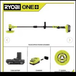 Ryobi One+ 18V Cordless Telescoping Power Scrubber kit with 2.0ah battery and charger