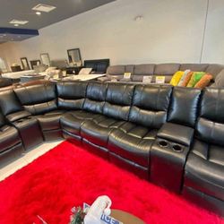 Madrid, leather reclining sectional in black or gray now only $1399. Easy finance option. Same-day delivery.
