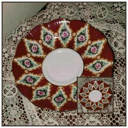 VINTAGE HAND PAINTED PORCELAIN FLORAL FLOWER ROSE BURGUNDY GOLD BOWL PLATE DISH DECOR COLLECTABLE 