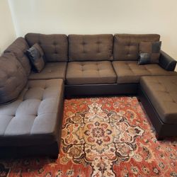 Brown L-Shape Sectional Sofa Couch + Ottoman 