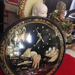 WALL CLOCK ASIAN MOTHER of PEARLS Black Lacquer Horses Scenery 