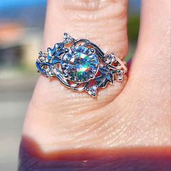 1 Carat Moissanite with Leaf Cubic Zirconia Detail Stainless Steel Ring