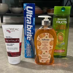Loreal Cleanser, Garnier Fructis Shampoo, Softsoap, Ultra Brite Toothpaste 