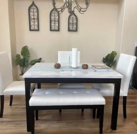 ✅️✅️ 5 pc dark finish wood faux marble top  rectangular dining table set with bench ✅️✅️