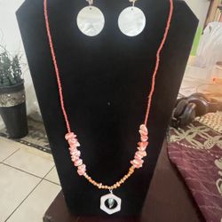 Pink And Red Coral and Glass  Beaded Necklace With Cultured Pearls And Abalone Shell Earrings( Will Sell Separately If wanted)