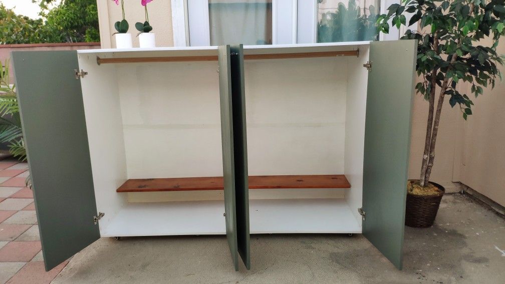 Custom Long Wood Sage Green Wardrobe Dresser Closet Armoire With Soft