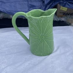 Anthropologie Green Lilypad Pitcher / Cabbage Leaf Design Ceramic Jug