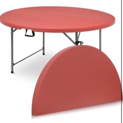 5Ft Round Folding Table, Indoor Outdoor Plastic Dining Card Table with Handle and Lock for Picnic Party Banquet Wedding, Red