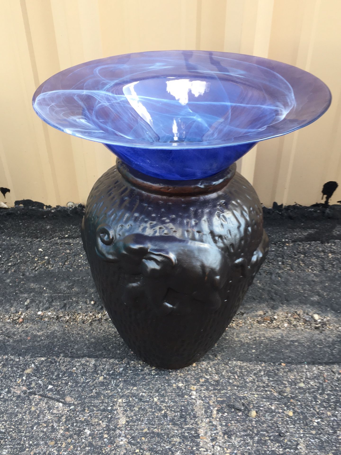 Bird Bath gorgeous purple glass bowl with swirls of white with Pottery stand- sweet!!!