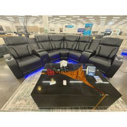  Black Leather Aire Transformer Power Reclining Sectional Sofa with Power Headrest, Bluetooth Speakers, LED Lights, USB Ports, Storage & Cupholder 