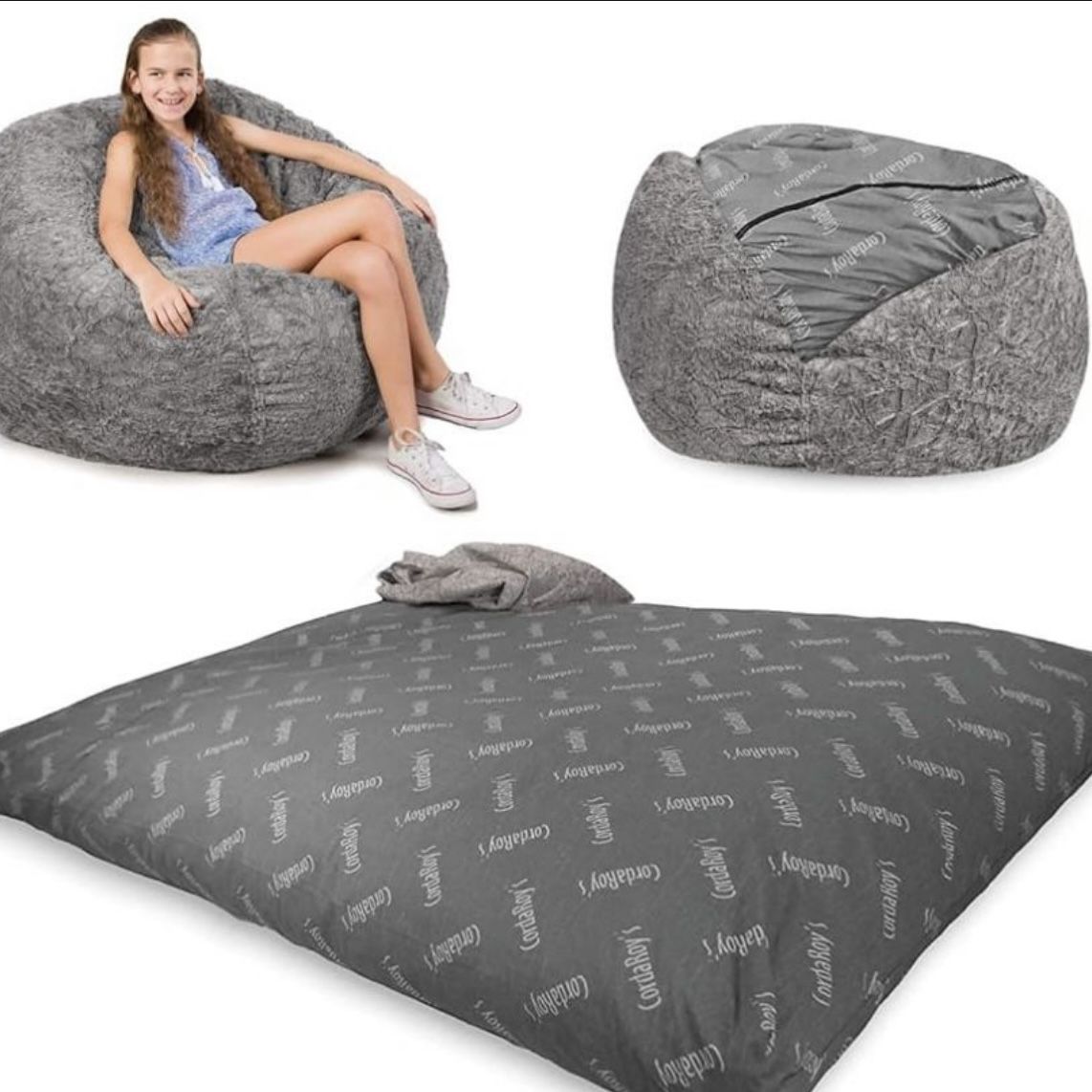 Full Size Giant Cordaroy Faux Fur Grey Bean Bag Chair 