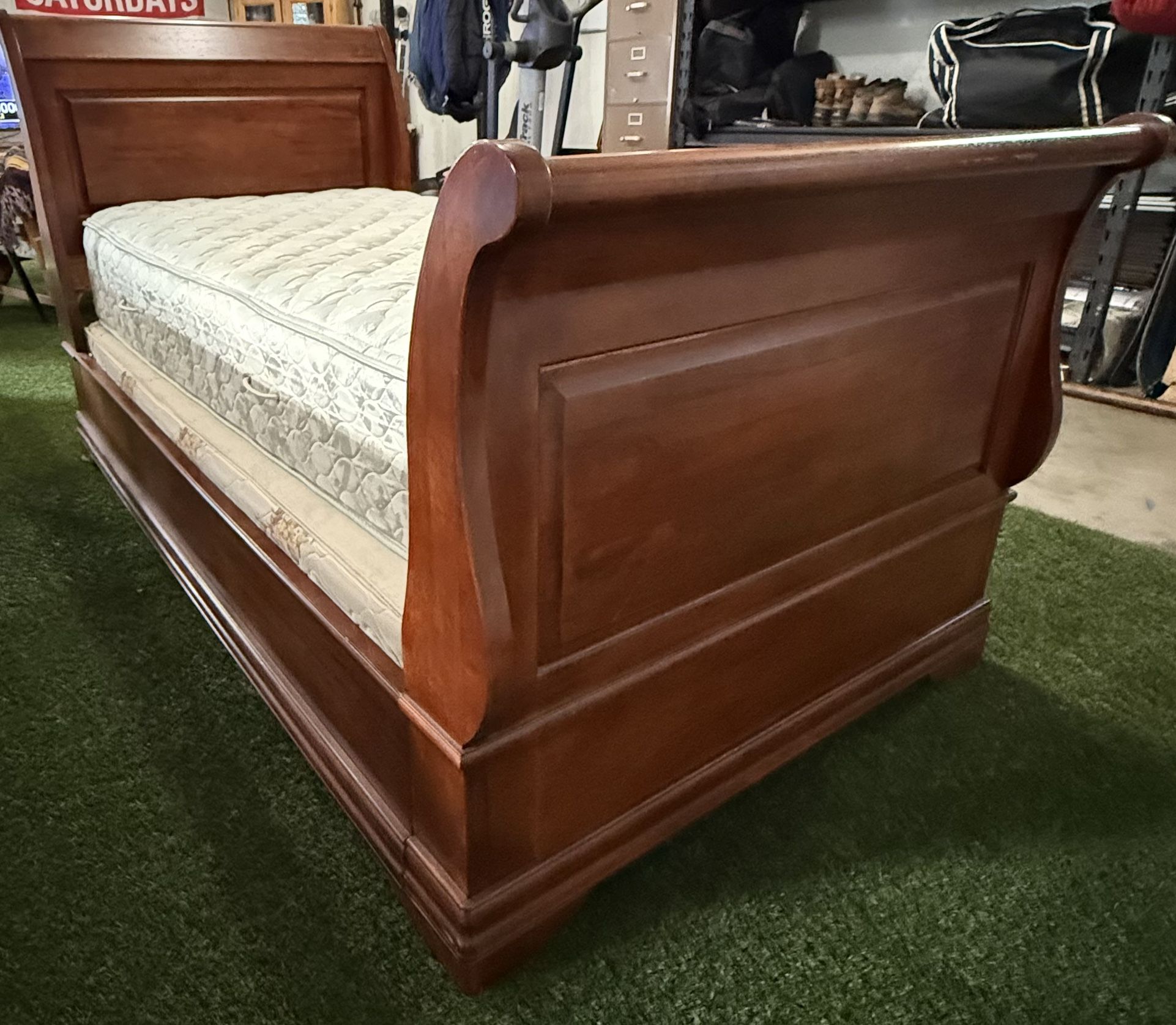 Sleigh Bed, Mattress and Box Springs (with Topper)