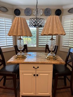 Pair of large vintage brass and lead crystal lamps