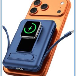 🍀Magsafe Battery Pack, 10000mAh Power Bank for iPhone with Built-in Cables, 20W Fast Charging Magnetic Wireless Portable Charger with Stand for iPhon