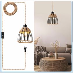 ocioc Hand-Woven Rope Pendant Light Plug-in Industrial Farmhouse Lamp Natural Rope, Portable Design Comes with 16.5ft Cord and Built-in ON/OFF Switch，