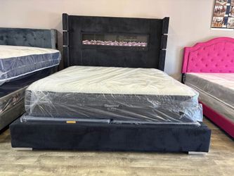 π₯Brand New Black Upholstered Corduroy Wingback King & Queen Size Platform Bed with Fireplace | BT Speakers & USB Charging